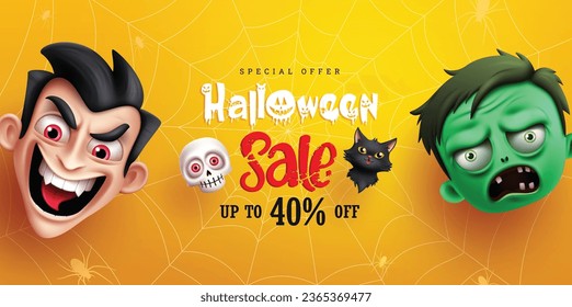 Halloween sale text vector banner design. Halloween special offer discount with vampire and zombie characters in spider web yellow background. Vector illustration holiday shopping advertisement.