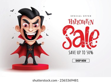 Halloween sale text vector banner design. Halloween special offer discount with dracula vampire character in podium stage product display background. Vector illustration shopping discount promo 