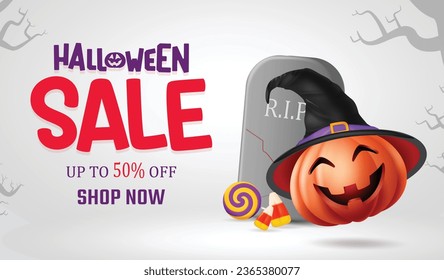 Halloween sale text vector banner design. Halloween shopping discount promo offer in gray space with pumpkin ang grave stone elements. Vector illustration promotion flyers advertisement. 