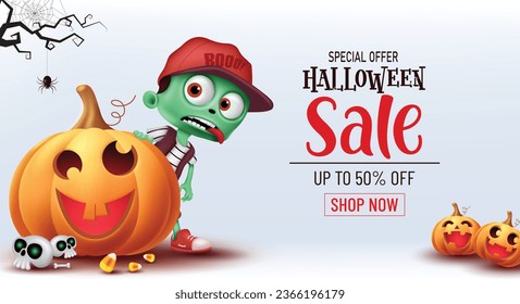 Halloween sale text vector banner design. Halloween special offer discount promo with zombie and pumpkin characters elements for holiday shopping background. Vector illustration promotion banner..
