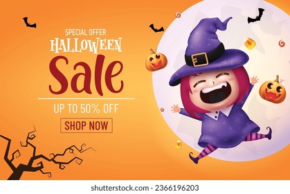 Halloween sale text vector banner design. Halloween witch cute girl in discount promo banner for seasonal shopping sale advertisement. Vector illustration trick or treat promotion background.
