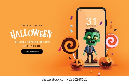 Halloween venta de texto vector diseño de banner. Temporada de compras en línea de Halloween con elementos de teléfonos móviles en color naranja. Cartel de descuento de oferta especial de ilustración de vector.
