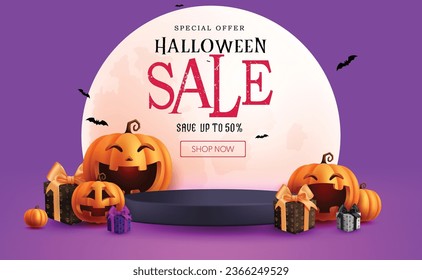 Halloween Verkauf Text Vektorbanner Design. Halloween-Podiumverkauf mit Kürbissen und Geschenkartikeln Dekoration auf Vollmond-Hintergrund. Sonderangebot für Vektorgrafik-Sonderaktionen mit Rabatt.
