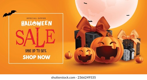 Halloween sale text vector banner design. Halloween special offer text for holiday discount offer with gift boxes and pumpkins elements. Vector illustration seasonal promo advertisement.
