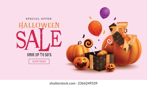 Halloween sale text vector banner design. Halloween special offer shopping discount with pumpkins and candies gift box elements decoration. Vector illustration trick or treat promotion banner.
