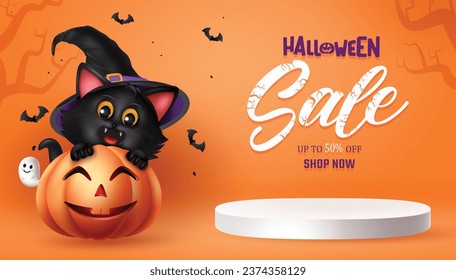 Halloween sale text vector banner design. Halloween podium stage with cat and pumpkin character elements for promo offer discount background. Vector illustration shopping promo advertisement.
