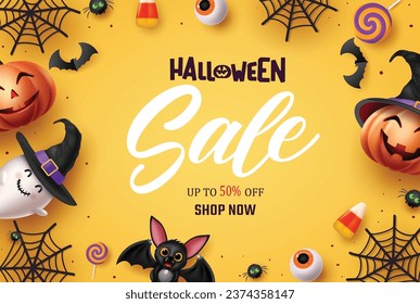 Halloween sale text vector banner design. Halloween sale discount offer promo flyers with horror characters and elements in yellow background. Vector illustration holiday promotion advertisement.
