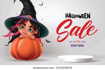 Halloween sale text vector banner design. Halloween podium stage with witch girl character and pumpkin elements for shopping discount promo offer background. Vector illustration product display