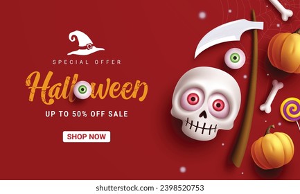 Halloween sale text vector banner design. Halloween skull and pumpkins elements decoration for special offer discount price in red background. Vector illustration trick or treat shopping advertisement