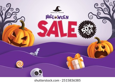 Diseño de Anuncio de Vector de texto de venta de Halloween. Texto de oferta especial de Halloween con 50% de descuento en Precios y Elementos de decoración de calabazas en diseño de corte de papel. Anuncio de compras de terror de Ilustración vectorial.  
