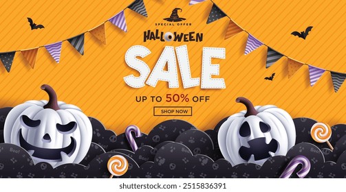 Halloween sale text vector banner design. Halloween shopping discount flyers with white pumpkins and hanging pennants in clouds paper cut pattern background. Vector illustration promo banner card. 
