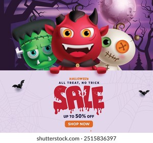 Diseño de Anuncio de Vector de texto de venta de Halloween. Truco o trato de compras descuento promocional con 50% de descuento con lindos demonios de miedo, zombis y personajes de momias. Plantilla de venta de temporada de vacaciones de Ilustración vectorial. 
