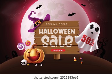 Halloween sale text vector banner design. Halloween sale text in wooden board with purple witch hat element and ghost, pumpkin characters in spooky night full moon grave yard background for holiday 