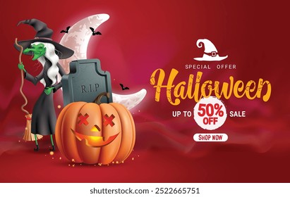 Diseño de Anuncio de Vector de texto de venta de Halloween. Carácter de miedo de bruja de Halloween, jota o linterna y Elementos de luna creciente para oferta especial 50% de descuento en fondo rojo. Ilustración vectorial de compras 