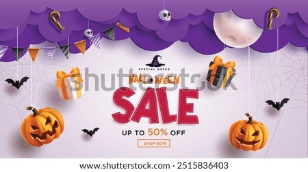 Halloween sale text vector banner design. Halloween discount price offer with pumpkins, gift box and skull hanging elements in clouds paper cut background. Vector illustration shopping flyers design. 