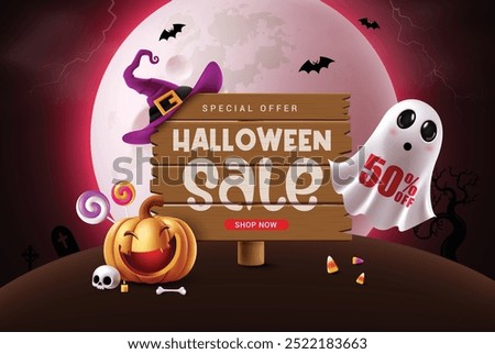 Halloween sale text vector banner design. Halloween sale text in wooden board with purple witch hat element and ghost, pumpkin characters in spooky night full moon grave yard background for holiday 