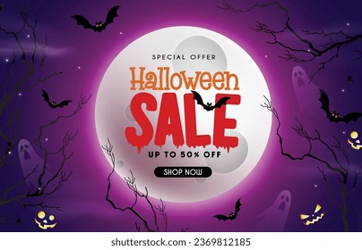 Halloween sale text vector design. Halloween seasonal shopping special offer discount promo in horror, scary and spooky full moon night background. Vector illustration shopping advertisement.
