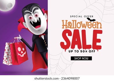 Halloween sale text vector template design. Halloween special offer discount in white board space with vampire dracula mascot character holding gift paper bags elements. Vector illustration shopping 