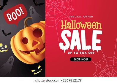 Halloween sale text vector template design. Halloween special offer in red board space with pumpkin character elements for shopping advertisement. Vector illustration seasonal sale promo discount.
