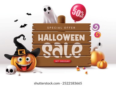 Halloween sale text vector template design. Halloween sale text special offer 50% off discount in wooden board with cute pumpkin, ghost characters and horror elements for seasonal shopping promo. 