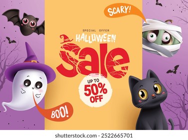 Diseño de Plantilla de Vector de texto de venta de Halloween. Oferta especial de Halloween 50% de descuento con personajes de calabaza, fantasma, gato y murciélago de momia en el espacio de la pizarra naranja de fondo púrpura aterrador. Vector 