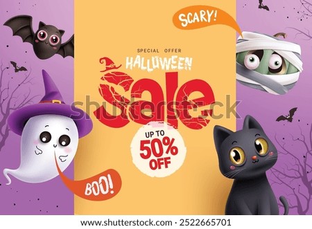 Halloween sale text vector template design. Halloween special offer 50% off discount with mummy pumpkin, ghost, cat and bat characters in orange board space purple scary background. Vector 