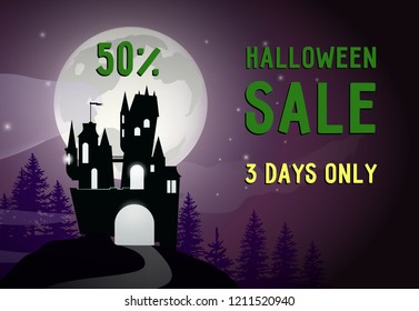 Halloween Sale, Three Days Only lettering with castle and moon. Advertising design. Typed text, calligraphy. For leaflets, brochures, invitations, posters or banners.