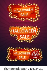 Halloween sale, three discount banners with a yellow garland wound around a banners. Discount template banner for your business.