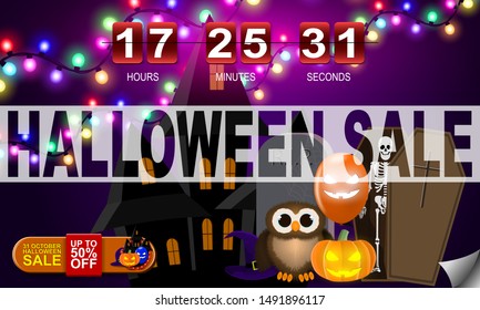Halloween sale with timer on purple background, modern discount banner with pumpkin, owl, skeleton, moon, garland, castle and balls, vector illustration