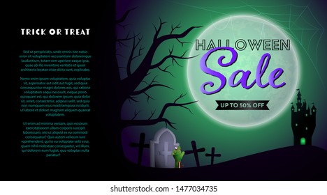 Halloween Sale, Trick or Treat lettering with graveyard and moon. Invitation or advertising design. Handwritten text, calligraphy. For leaflets, brochures, invitations, posters or banners.