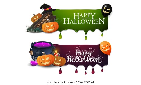 Halloween sale, two banners with drips, wooden sign, witch hat, witch's cauldron and pumpkin Jack