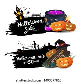 Halloween sale, two black discount web banners with witch's cauldron and pumpkin Jack. Black banner isolated on white background