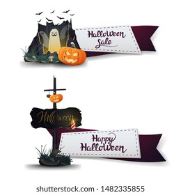 Halloween sale, two discount banners in the form of ribbons with portal with ghosts and pumpkin Jack