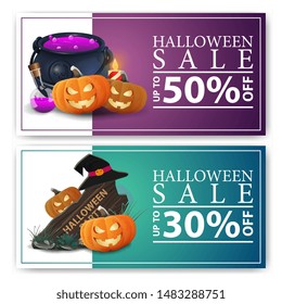 Halloween sale, two discount banners with wooden sign, witch hat, witch's pot and pumpkin Jack