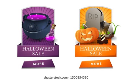 Halloween sale, two discount vertical banners with buttons, witch's cauldron with potion, tombstone and pumpkin Jack. Purple and orange discount banners for your arts