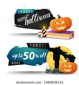 Halloween sale, two discount web banners for your business with Scarecrow and pumpkin Jack