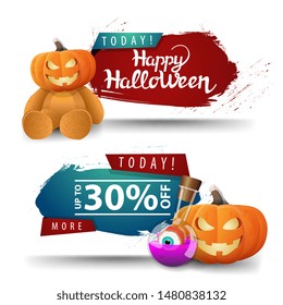 Halloween sale, two discount web banners for your business with Teddy bear with Jack pumpkin head