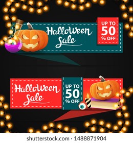 Halloween sale, two horizontal discount banners in the form of ribbon with spellbook, witch's potion and pumpkin Jack. Green and orange discount banners