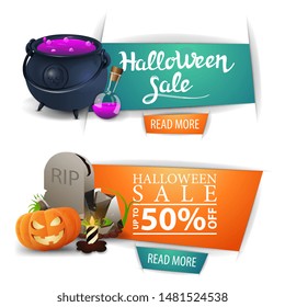 Halloween sale, two modern banners with button, witch's pot with potion, tombstone and pumpkin Jack