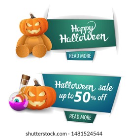 Halloween sale, two modern banners with button, Teddy bear with Jack pumpkin head, pumpkin Jack and witch's potion