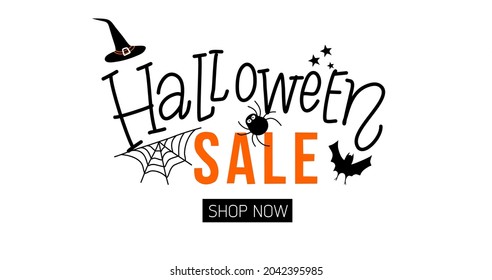 Halloween sale typography design with shop now button for banner, web header. Halloween promotion. Halloween special offer.