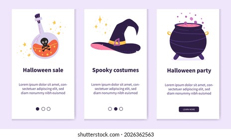 Halloween sale UI templates. Vector banner with magical elements - potion, witch hat and cauldron. 