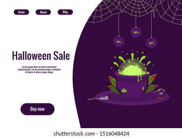 Halloween sale UI/UX page template. Magic cauldron with poison, spiders web and price tags. Dark purple, green colors.