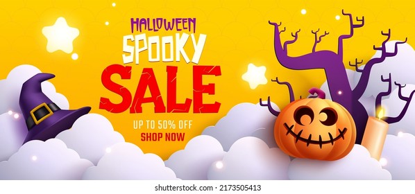 Halloween sale vector banner design. Halloween sale text with price discount offer for trick or treat holiday clearance promo ads. Vector illustration.
