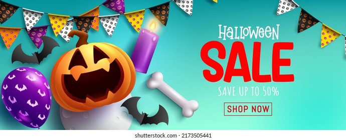 Halloween sale vector banner design. Halloween sale text with price discount offer in spooky elements background for holiday advertisement promotion. Vector illustration.

