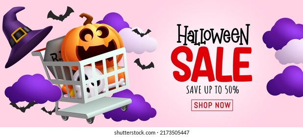 Halloween sale vector banner design. Halloween sale text in shopping price discount offer with cart and scary elements for trick or treat clearance promo ads. Vector illustration.
