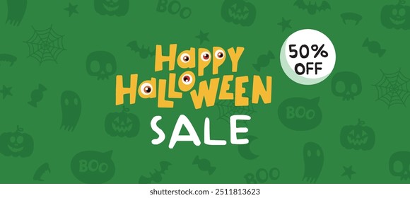 Anuncio de Vector de venta de Halloween. Fondo verde con Elementos dibujados de calabaza, cráneo, fantasma, Web.