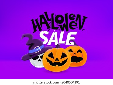 Halloween sale vector banner with holiday characters
