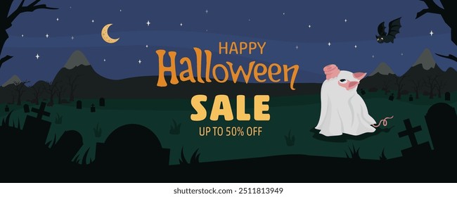 Banner de vetor de Halloween Sale. Ilustração vetorial do cemitério noturno com um porco em um traje fantasma.