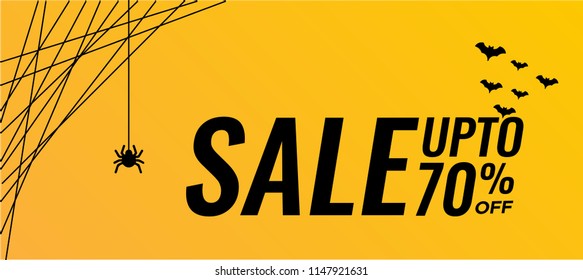 Halloween Sale vector banner with lettering and holiday symbols pumpkin, witch hat, zombie, spider and bat. Great for banner, voucher, offer, coupon, holiday sale.